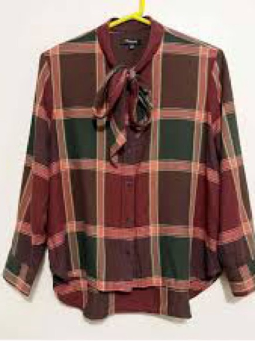 Madewell Burgundy and Forest Plaid Tie-Neck Button-Down